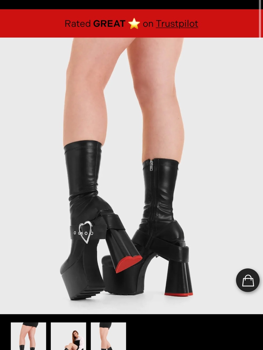 Platform Heart-Buckle Mid-Calf Boots - Black